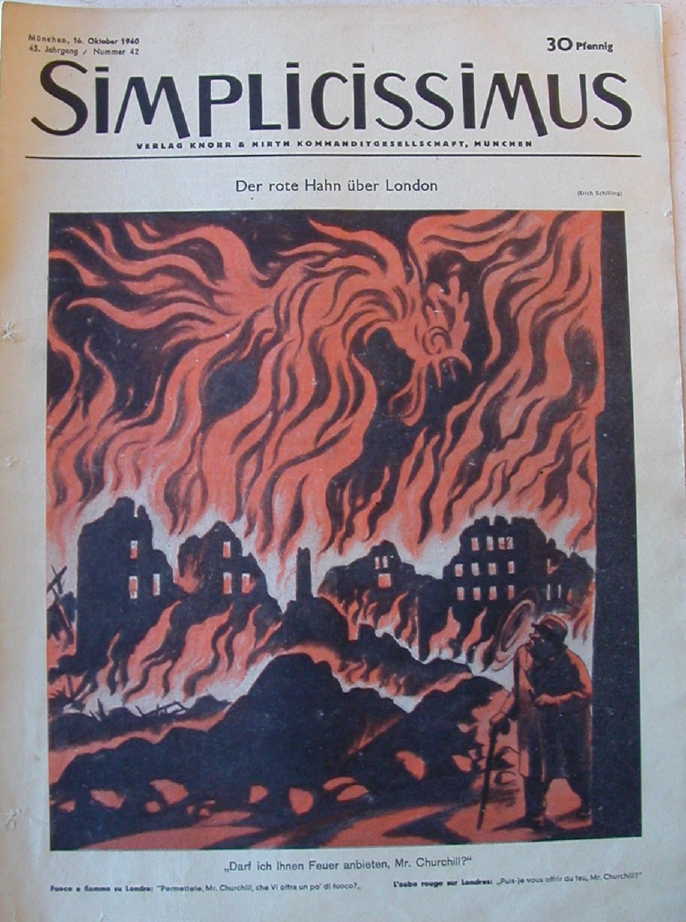 An October 1940 Simplicissimus cartoon titled 'Red rooster over London.'