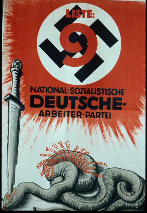 1930 Nazi election poster depicting a Nazi sword killing a snake representing various negative aspects of society.