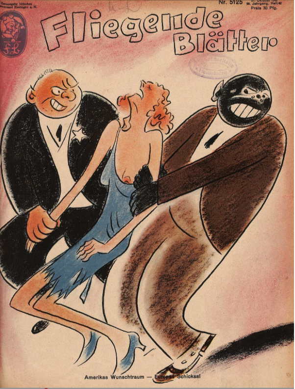 A caricature from 1943 showing a Black man holding a White woman's arm.