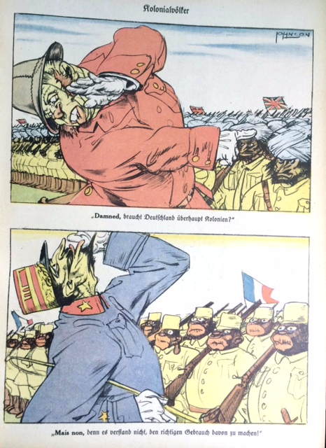 A caricature from 1934 showing two officers with different colonial troops.