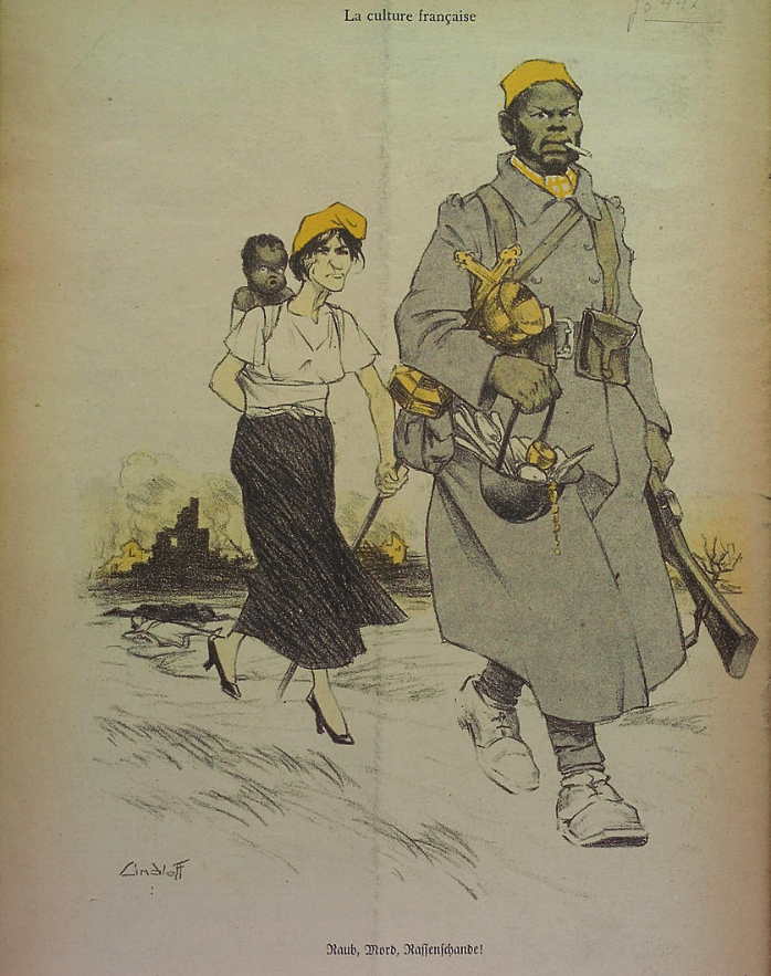 A caricature from 1940 showing a Black French colonial soldier robbing a French woman.