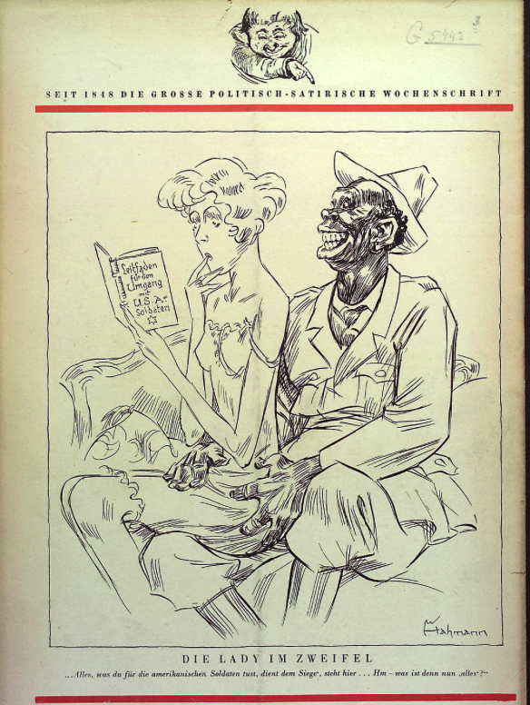 A caricature from 1943 showing a British woman reading a booklet about American soldiers.