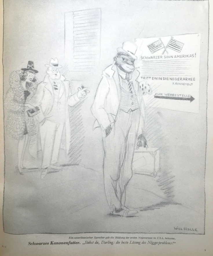 A caricature from 1942 showing a White American laughing about a Black soldier.