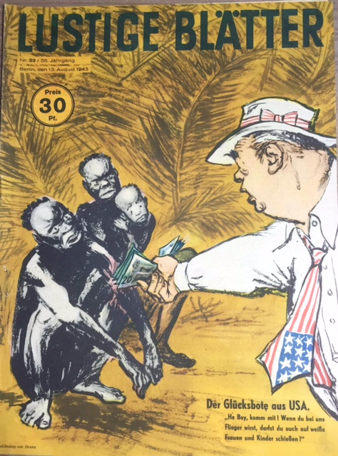 A caricature from 1943 of a White American luring Black men with money.