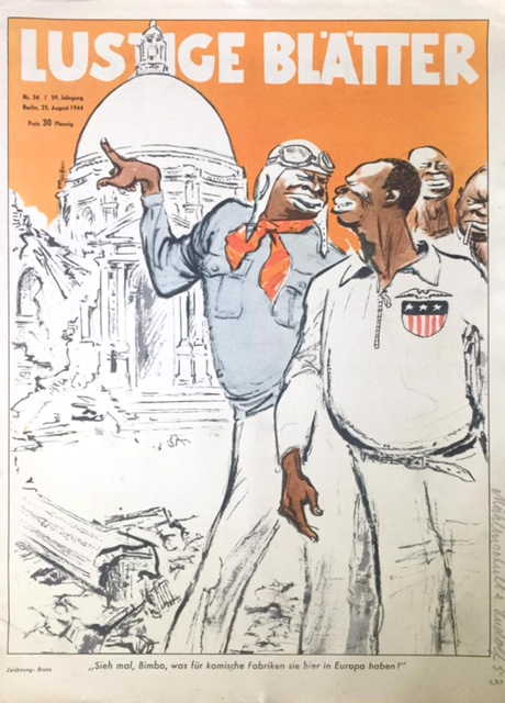 A caricature from 1944 showing two ignorant Black American soldiers looking at a ruined European landmark.